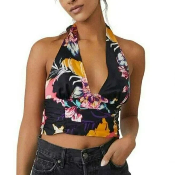 Free People Seraphina Crop Halter Top Black Floral Size Small NWOT - Picture 2 of 9